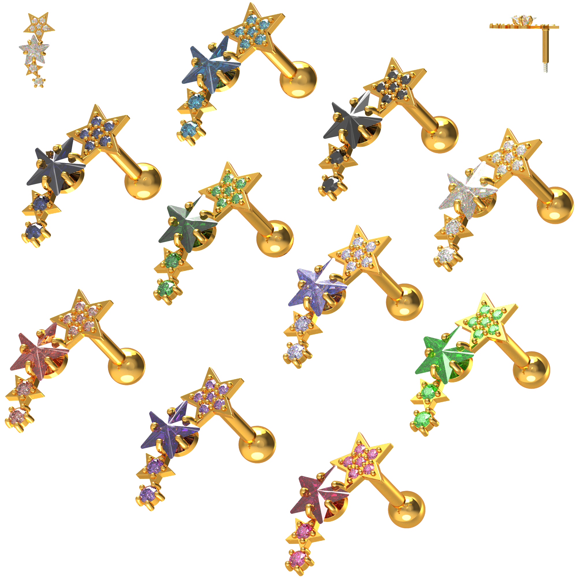 925 Sterling Silver Sparkling Stars Cartilage Stud - Monster Piercing