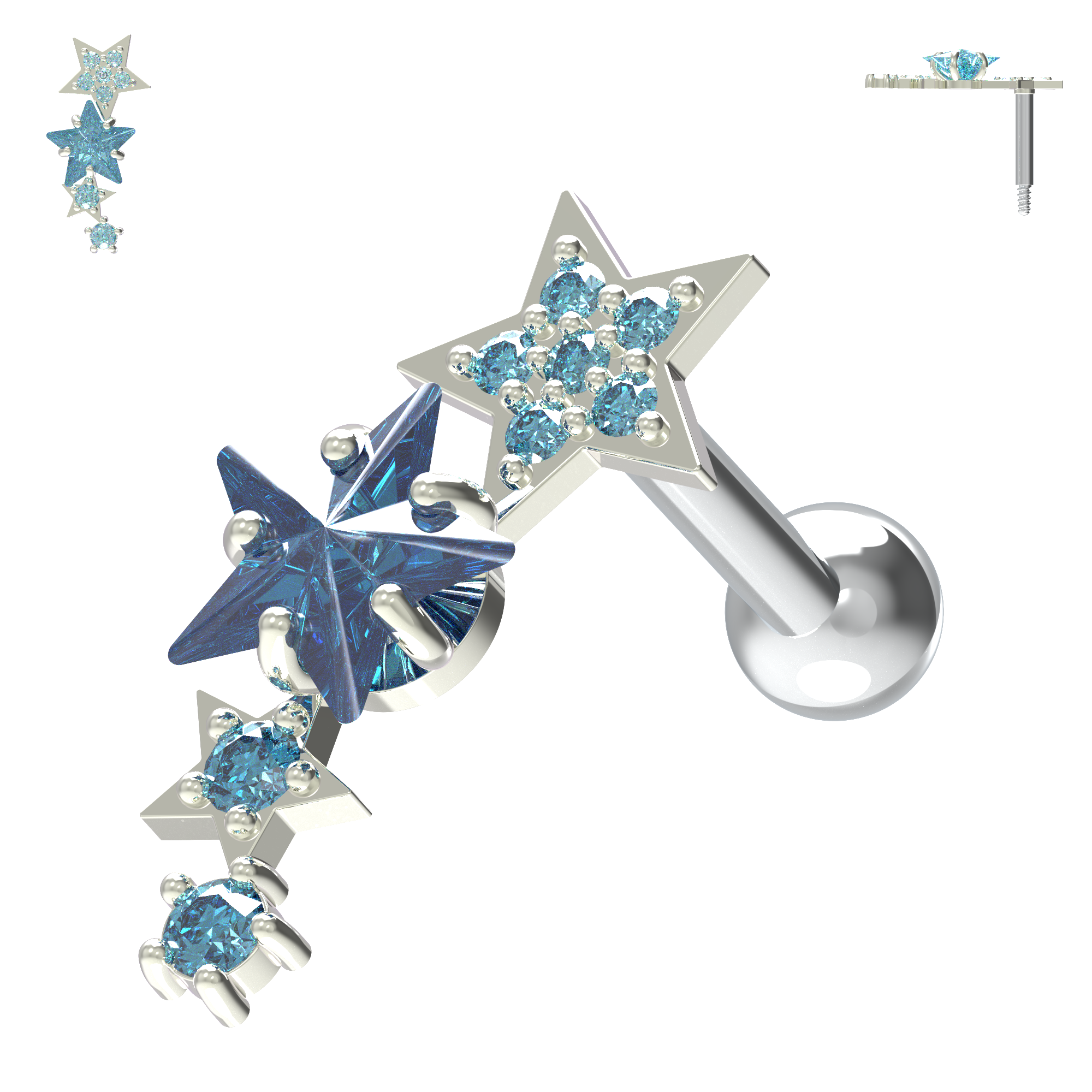 925 Sterling Silver Sparkling Stars Cartilage Stud - Monster Piercing
