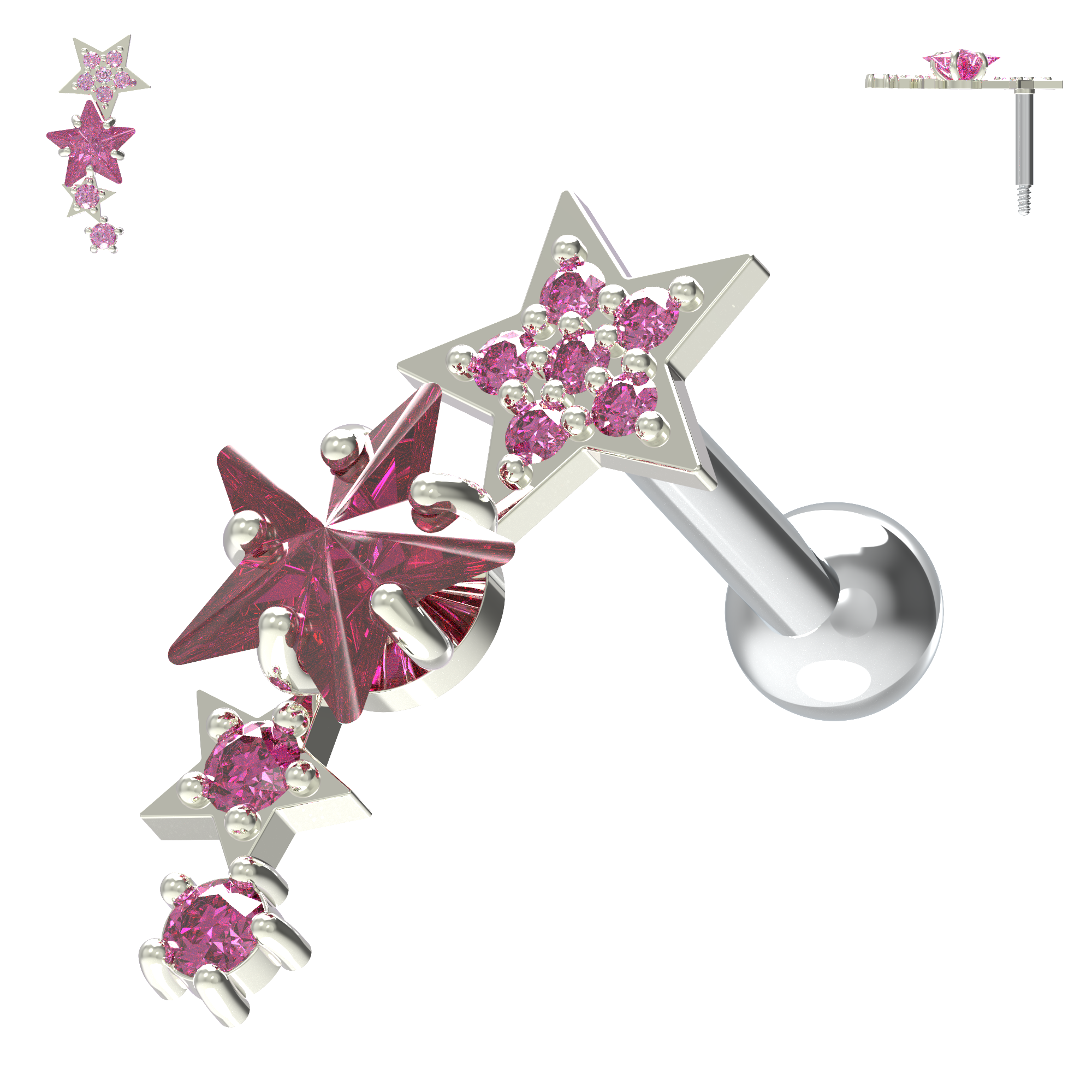 925 Sterling Silver Sparkling Stars Cartilage Stud - Monster Piercing