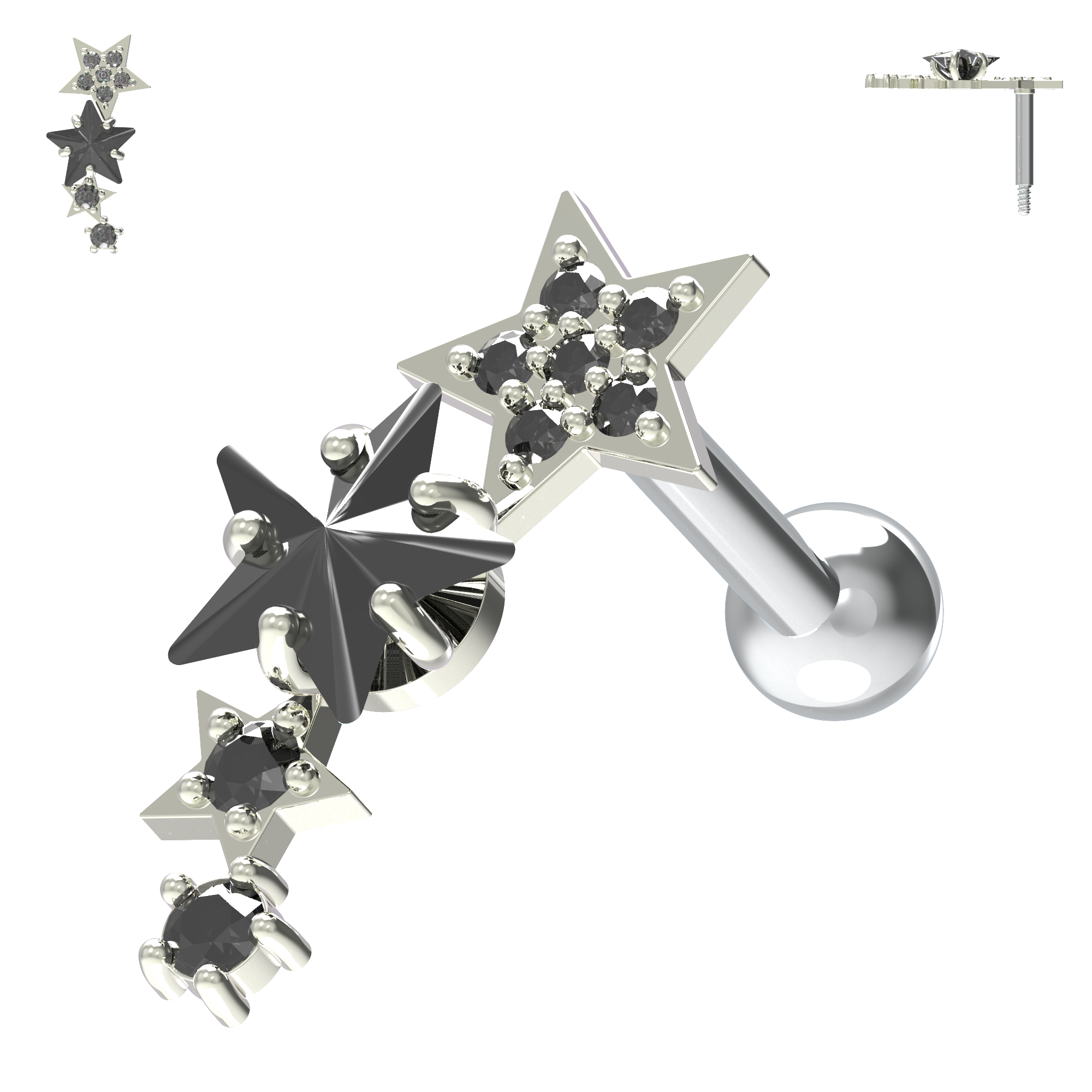 925 Sterling Silver Sparkling Stars Cartilage Stud - Monster Piercing