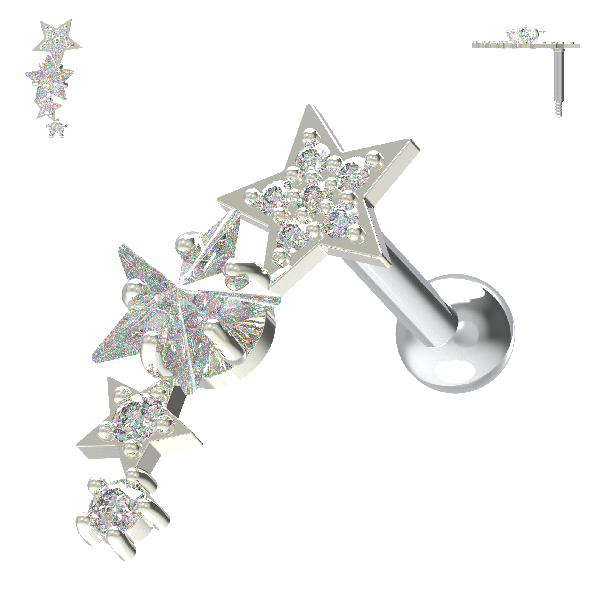 925 Sterling Silver Sparkling Stars Cartilage Stud - Monster Piercing