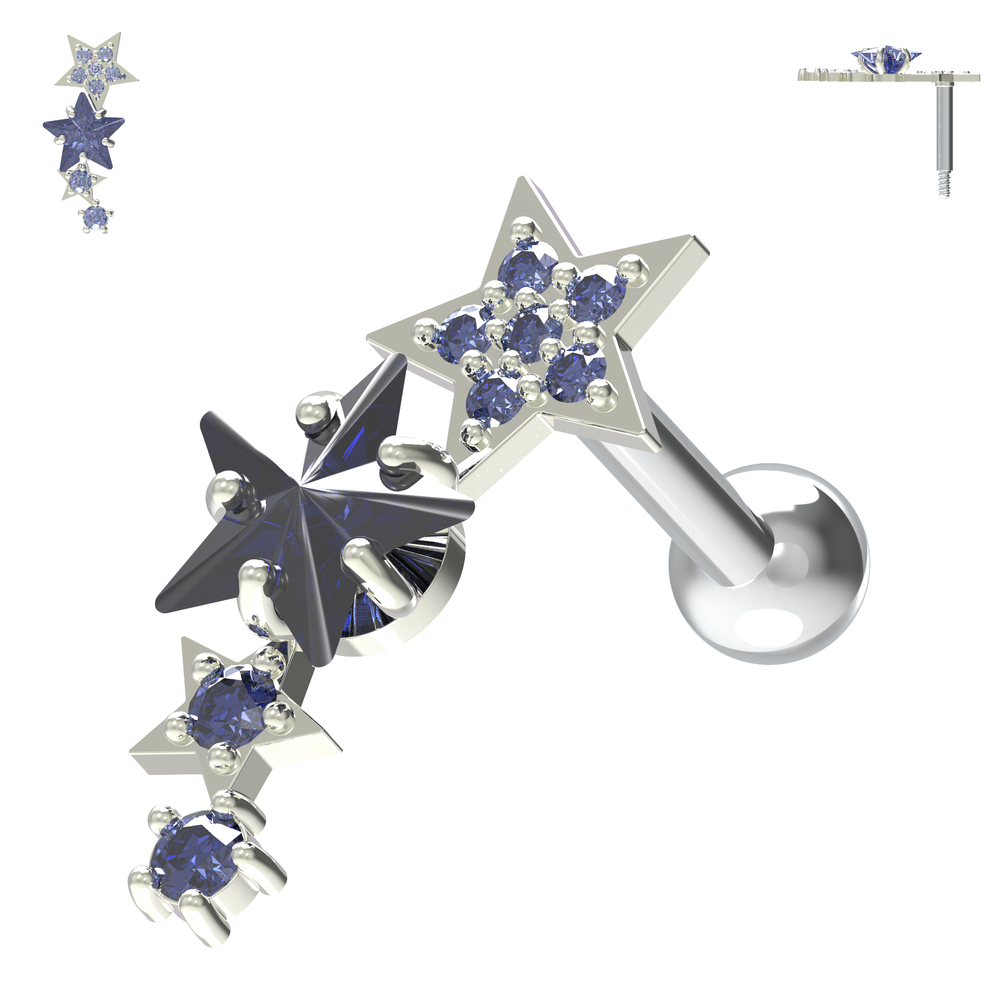 925 Sterling Silver Sparkling Stars Cartilage Stud - Monster Piercing