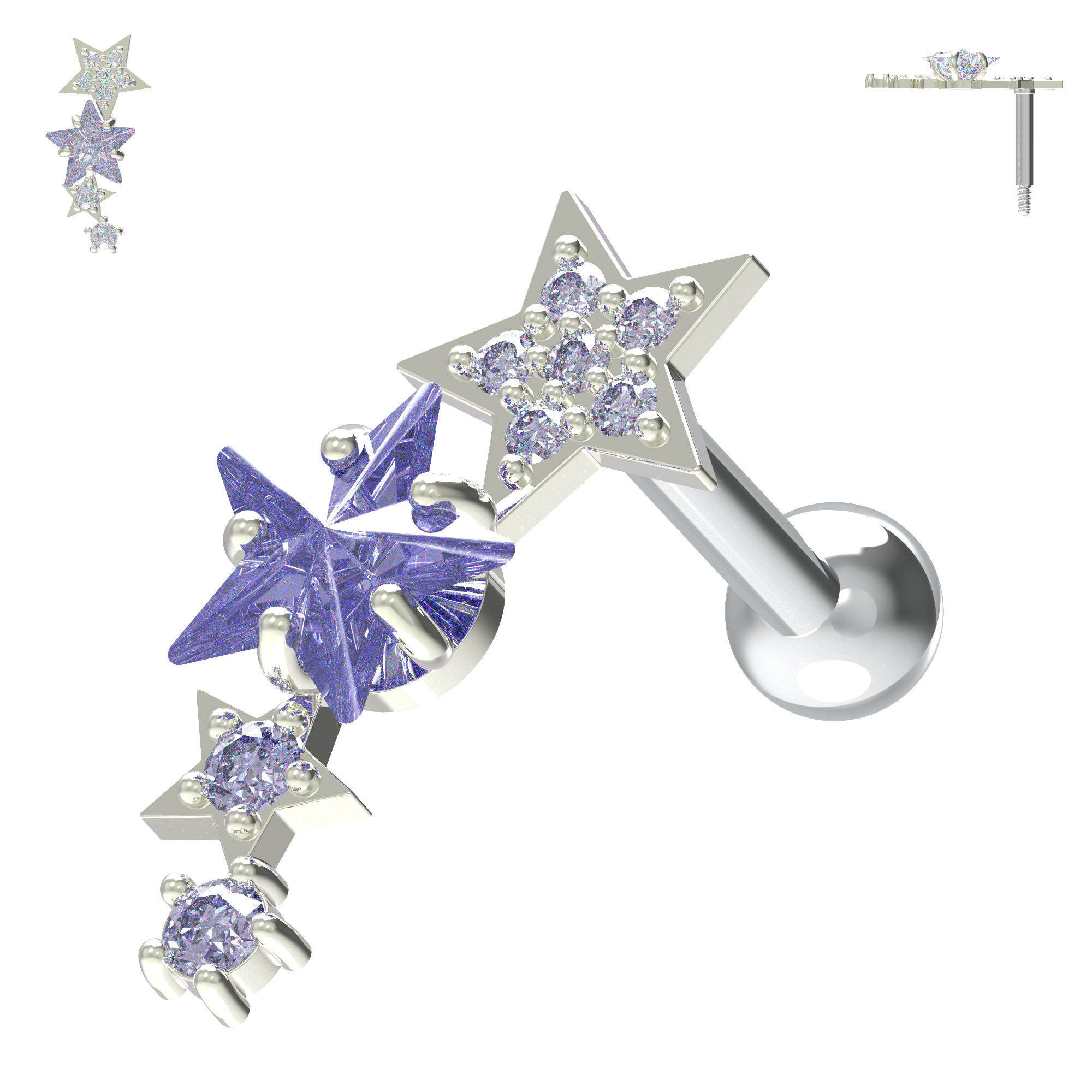 925 Sterling Silver Sparkling Stars Cartilage Stud - Monster Piercing