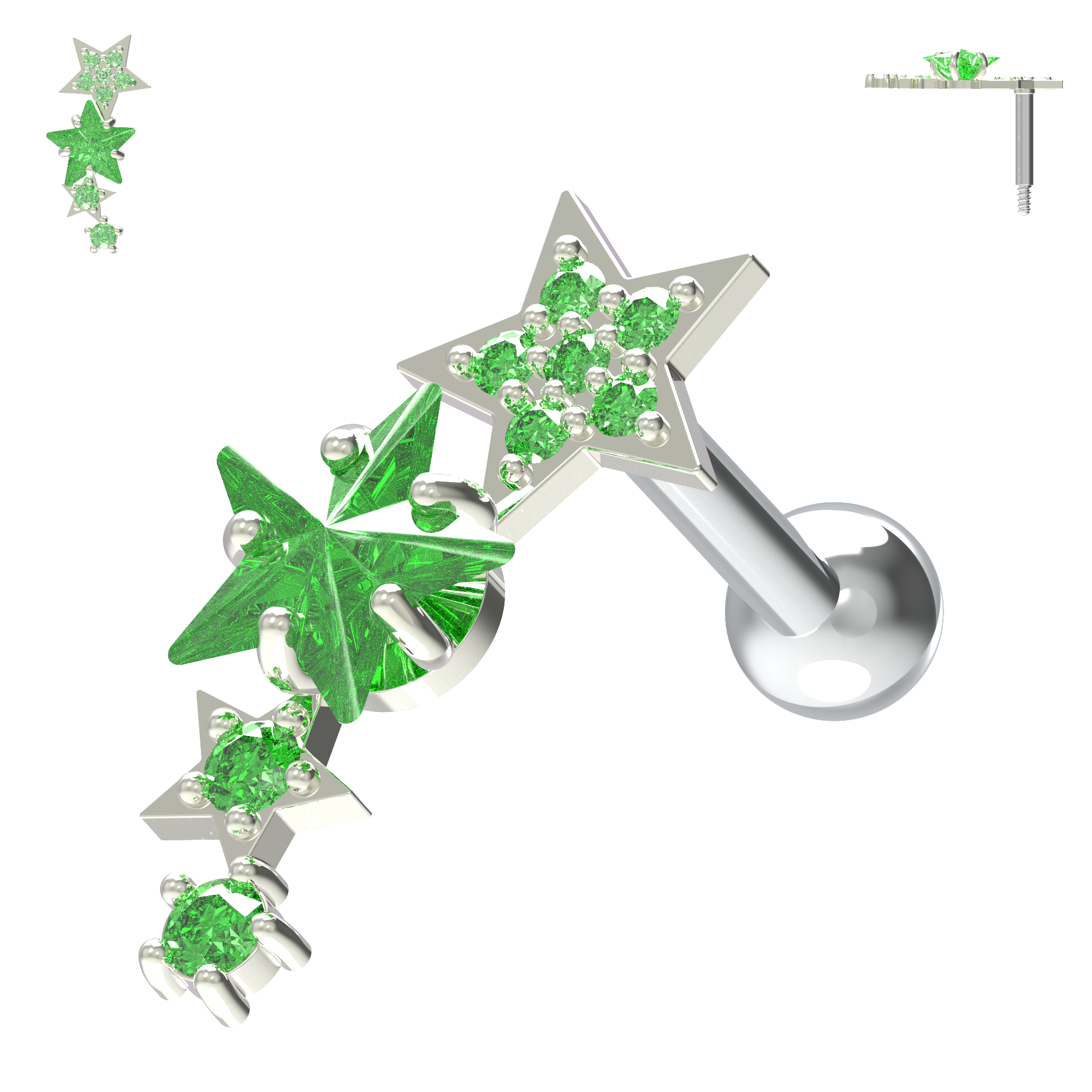 925 Sterling Silver Sparkling Stars Cartilage Stud - Monster Piercing