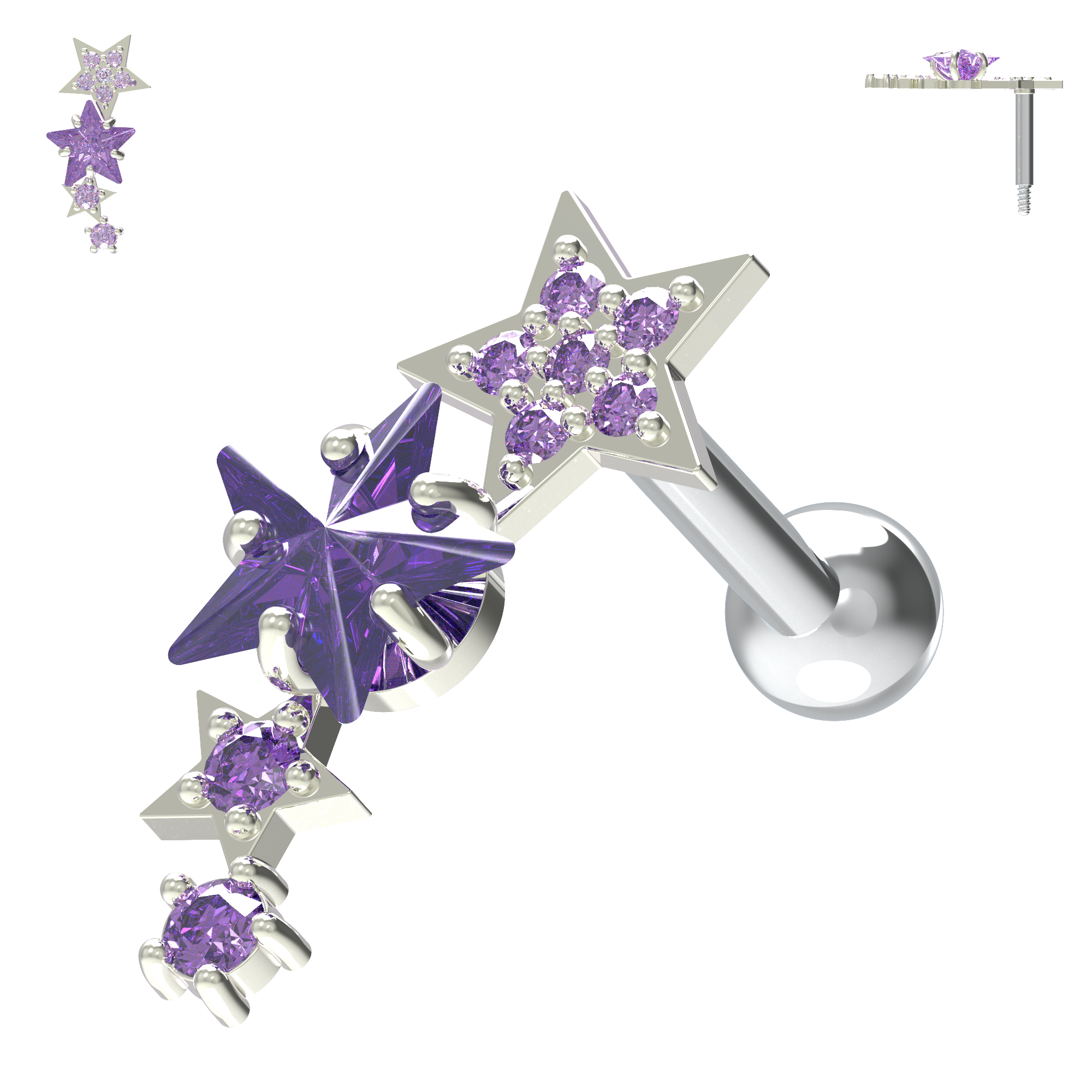 925 Sterling Silver Sparkling Stars Cartilage Stud - Monster Piercing