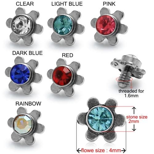 316L Surgical Steel Flower Jeweled Dermal Anchor Tops - Monster Piercing