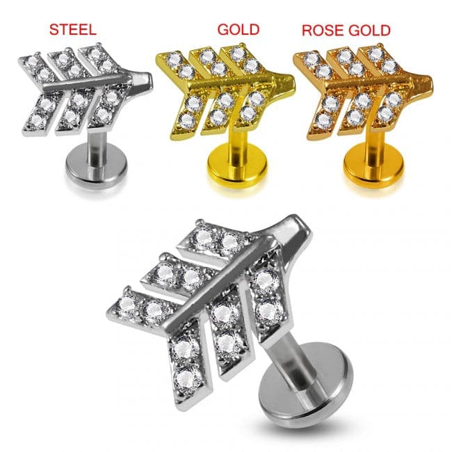 316L Surgical Steel Cartilage Helix Triple Arrow CZ Stone Cartilage Stud - Monster Piercing