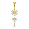 925 Sterling Silver Moving Flower Designed CZ Jewelled Navel Ring