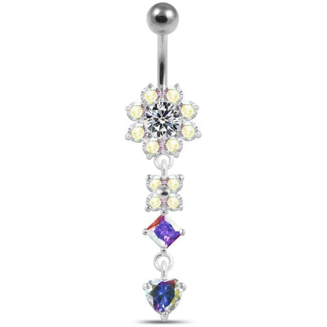Silver Flower Jewelled Dangling 316L SS Curved Belly Ring - Monster Piercing