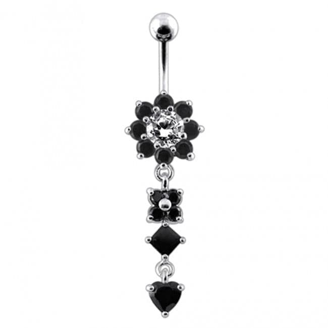 Silver Flower Jewelled Dangling 316L SS Curved Belly Ring - Monster Piercing