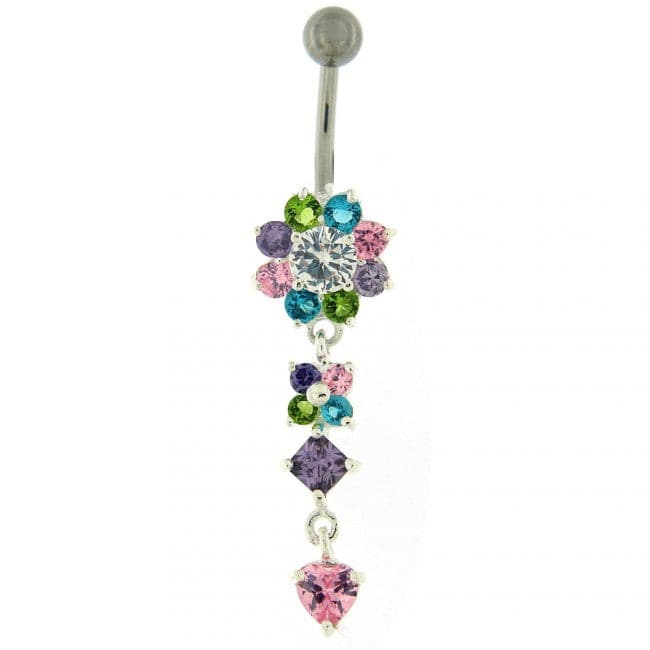 Silver Flower Jewelled Dangling 316L SS Curved Belly Ring - Monster Piercing