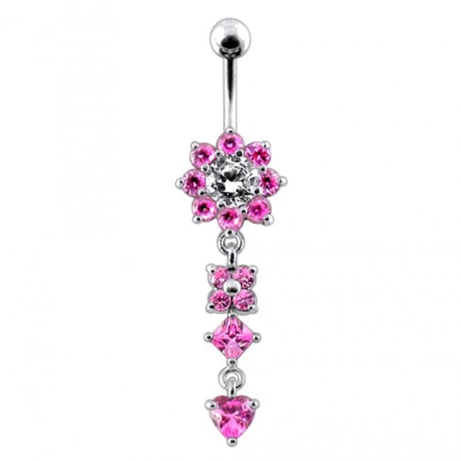 Silver Flower Jewelled Dangling 316L SS Curved Belly Ring - Monster Piercing