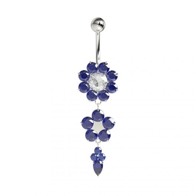 Double Pink Flower Silver Dangling SS Curved Bar Navel Belly Ring - Monster Piercing