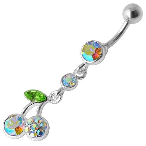 925 Sterling Silver Cherry Jewelled Fancy Dangling Belly Ring - Monster Piercing