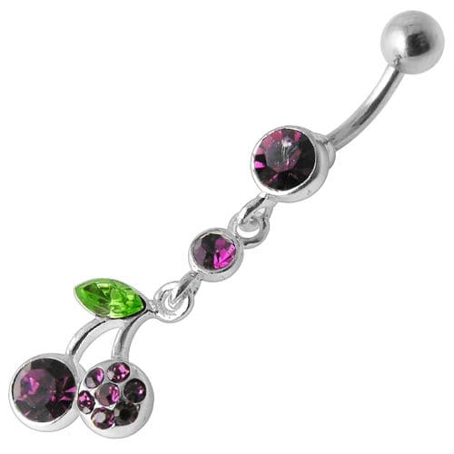925 Sterling Silver Cherry Jewelled Fancy Dangling Belly Ring - Monster Piercing