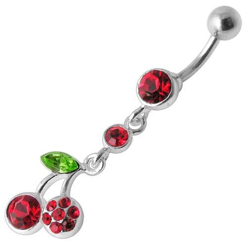 925 Sterling Silver Cherry Jewelled Fancy Dangling Belly Ring - Monster Piercing