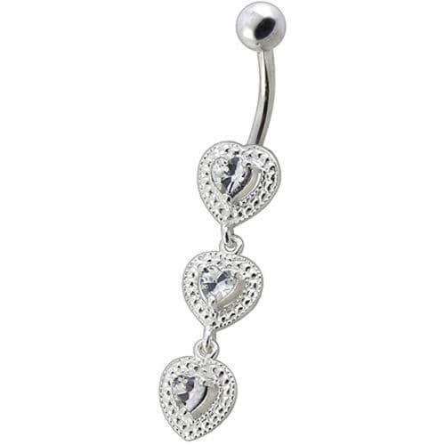 925 Sterling Silver Fancy White Zirconia Jeweled Dangling SS Bar Belly Ring - Monster Piercing
