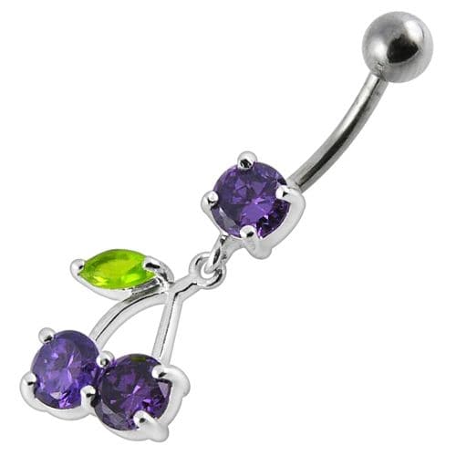 Cherry Jewelled Fancy Silver Dangling Belly Ring With SS Bar - Monster Piercing