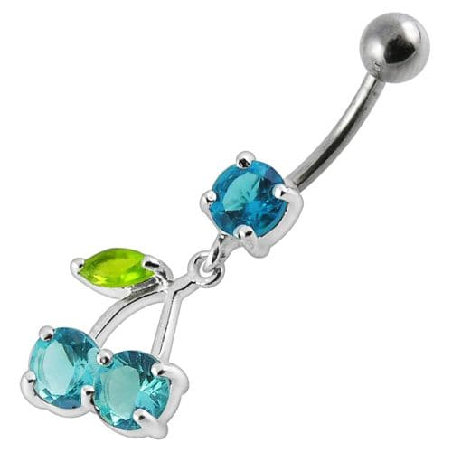 Cherry Jewelled Fancy Silver Dangling Belly Ring With SS Bar - Monster Piercing