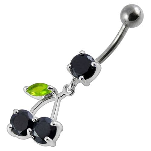 Cherry Jewelled Fancy Silver Dangling Belly Ring With SS Bar - Monster Piercing