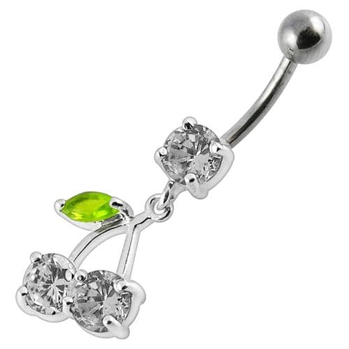Cherry Jewelled Fancy Silver Dangling Belly Ring With SS Bar - Monster Piercing