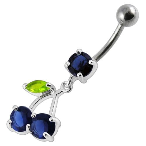 Cherry Jewelled Fancy Silver Dangling Belly Ring With SS Bar - Monster Piercing