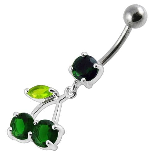 Cherry Jewelled Fancy Silver Dangling Belly Ring With SS Bar - Monster Piercing