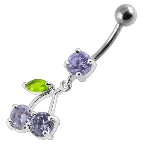 Cherry Jewelled Fancy Silver Dangling Belly Ring With SS Bar - Monster Piercing