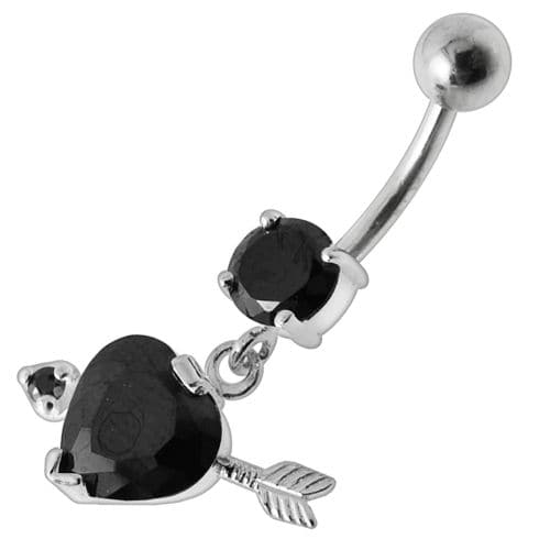 925 Sterling Silver Fancy Jewelled Arrow Heart Dangling Banana Bar Belly Ring - Monster Piercing