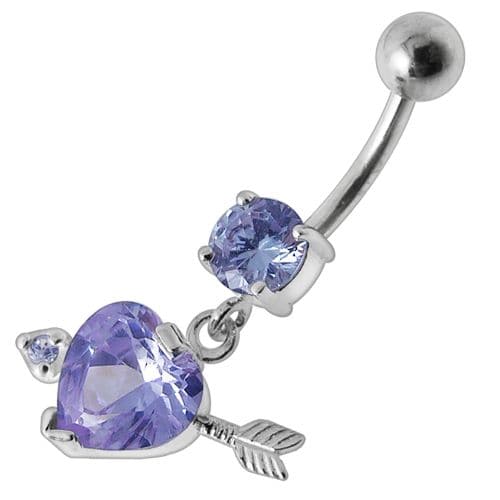 925 Sterling Silver Fancy Jewelled Arrow Heart Dangling Banana Bar Belly Ring - Monster Piercing