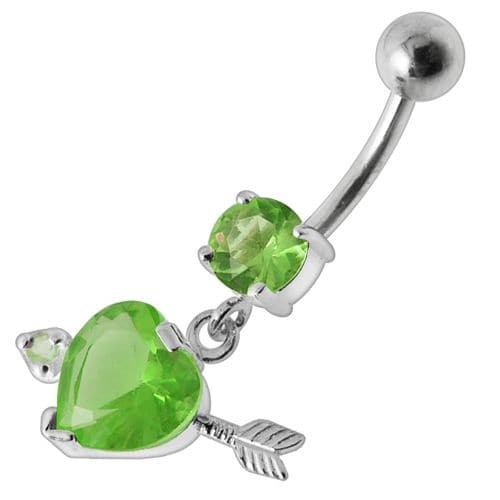 925 Sterling Silver Fancy Jewelled Arrow Heart Dangling Banana Bar Belly Ring - Monster Piercing