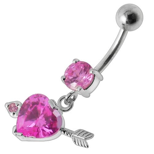 925 Sterling Silver Fancy Jewelled Arrow Heart Dangling Banana Bar Belly Ring - Monster Piercing