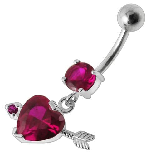 925 Sterling Silver Fancy Jewelled Arrow Heart Dangling Banana Bar Belly Ring - Monster Piercing