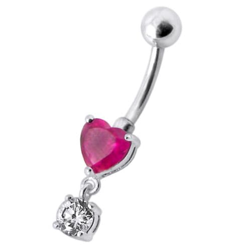 925 Sterling Silver Fancy Heart Shape Jewelled Dangling Navel Ring Body Jewellery - Monster Piercing