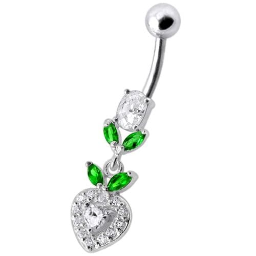 925 Sterling Silver Fancy Multi Stone Leafs With Heart Dangling Navel Ring - Monster Piercing