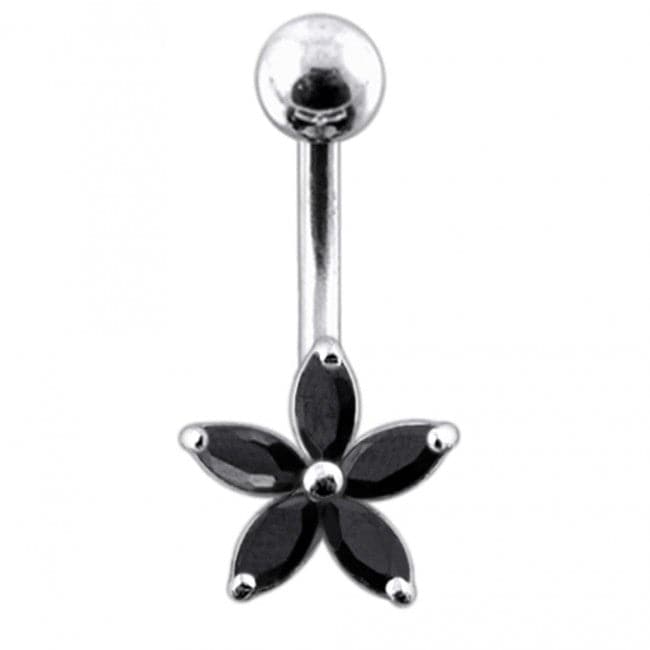 925 Sterling Silver Single Colour Jewelled Flower With SS Curved Banana Belly Ring - Monster Piercing
