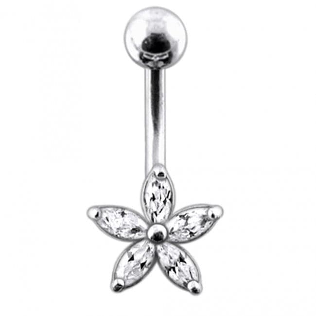 925 Sterling Silver Single Colour Jewelled Flower With SS Curved Banana Belly Ring - Monster Piercing