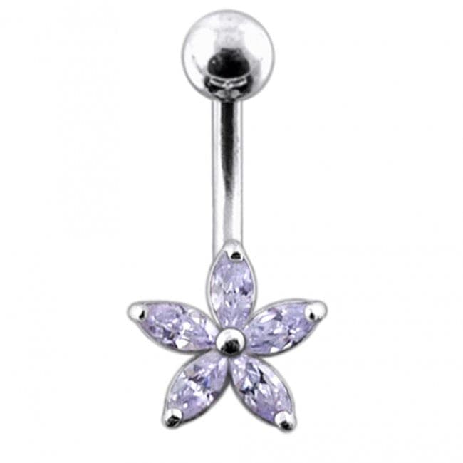 925 Sterling Silver Single Colour Jewelled Flower With SS Curved Banana Belly Ring - Monster Piercing