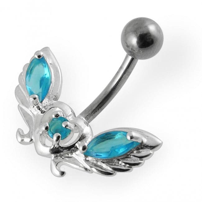 Jewelled wings with Heart Non-Moving Belly Ring - Monster Piercing