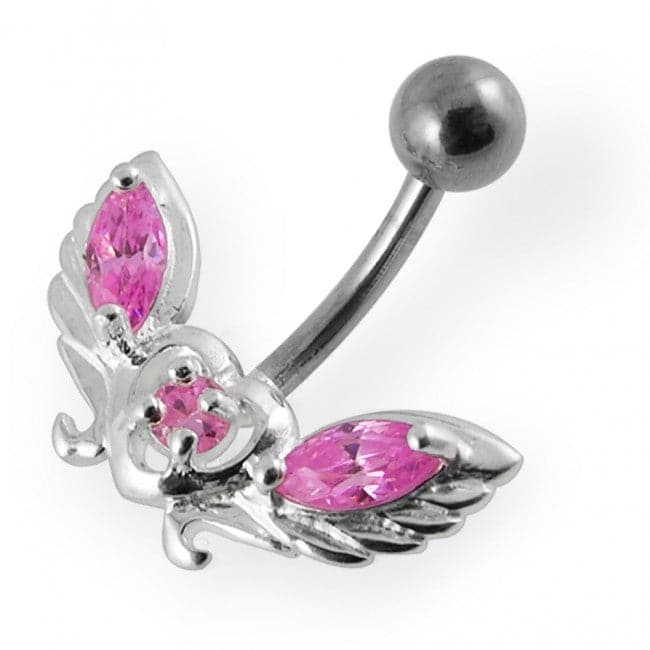 Jewelled wings with Heart Non-Moving Belly Ring - Monster Piercing