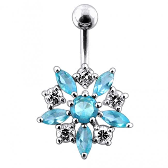 925 Sterling Silver Jewelled Flower Non-Moving SS Banana Bar Belly Ring - Monster Piercing