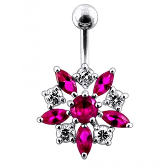 925 Sterling Silver Jewelled Flower Non-Moving SS Banana Bar Belly Ring - Monster Piercing
