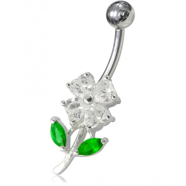 925 Sterling Silver Jewelled Flower Leaf Non-Moving Belly Ring - Monster Piercing