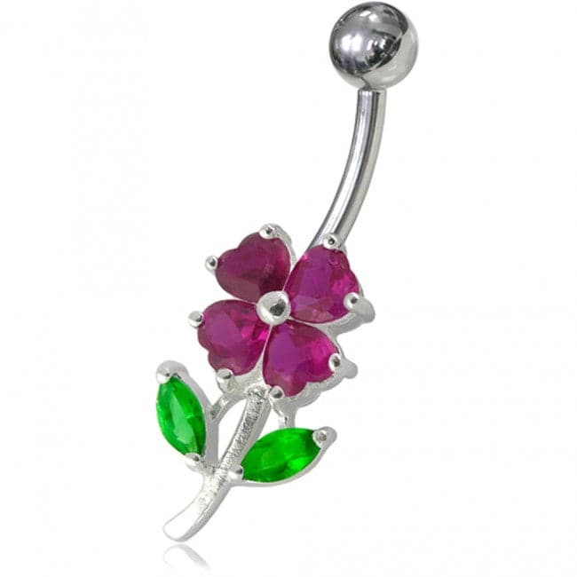 925 Sterling Silver Jewelled Flower Leaf Non-Moving Belly Ring - Monster Piercing
