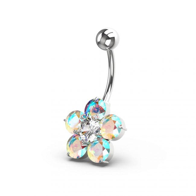 925 Sterling Silver Jewelled Flower Non Dangling Navel Bar - Monster Piercing