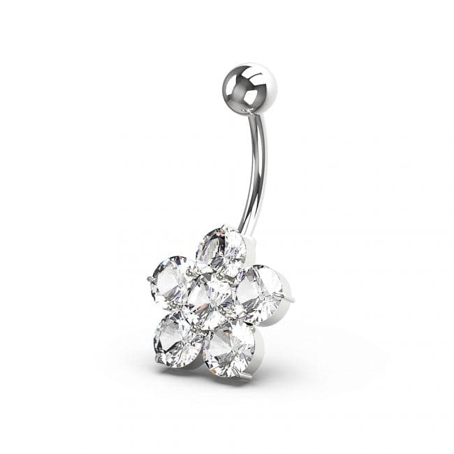 925 Sterling Silver Jewelled Flower Non Dangling Navel Bar - Monster Piercing