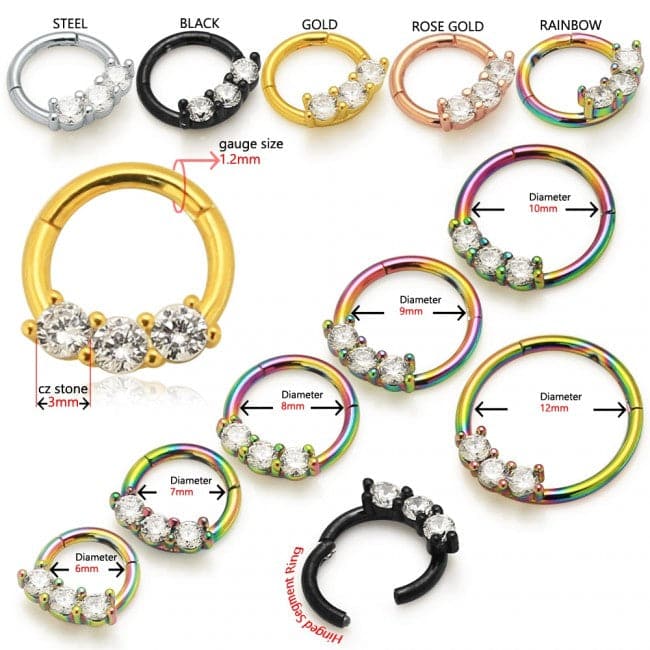 316L Surgical Steel Prong Set Clear CZ Stones Hinged Segment Clicker Ring - Monster Piercing