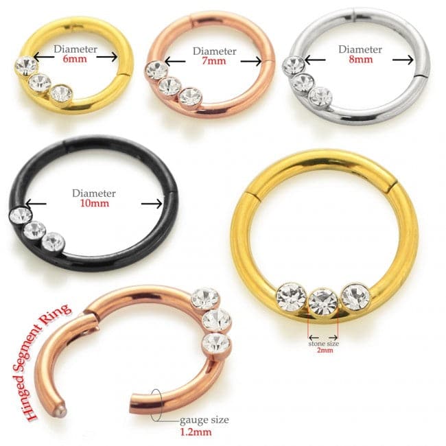 316L Surgical Steel Triple CZ Jewelled Classic Segment Clicker Ring - Monster Piercing
