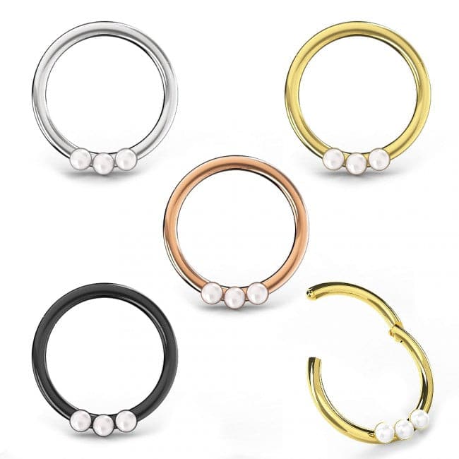 316L Surgical Steel Triple Pearl Studded Segment Clicker Ring - Monster Piercing