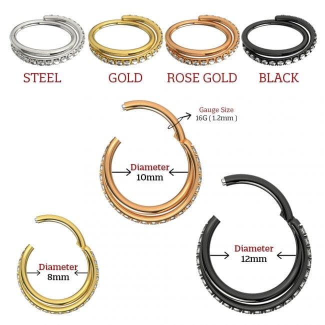 316L Surgical Steel Jewelled Double Row Twist Hinged Segment Clicker Ring - Monster Piercing